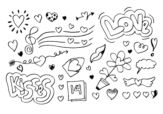 Set di amore disegno a mano in stile doodle per il tuo design.