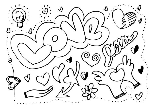 Set di amore disegno a mano stile doodle per il vostro design