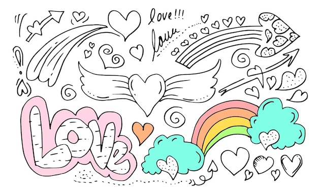 Set di amore disegno a mano in stile doodle per il tuo design