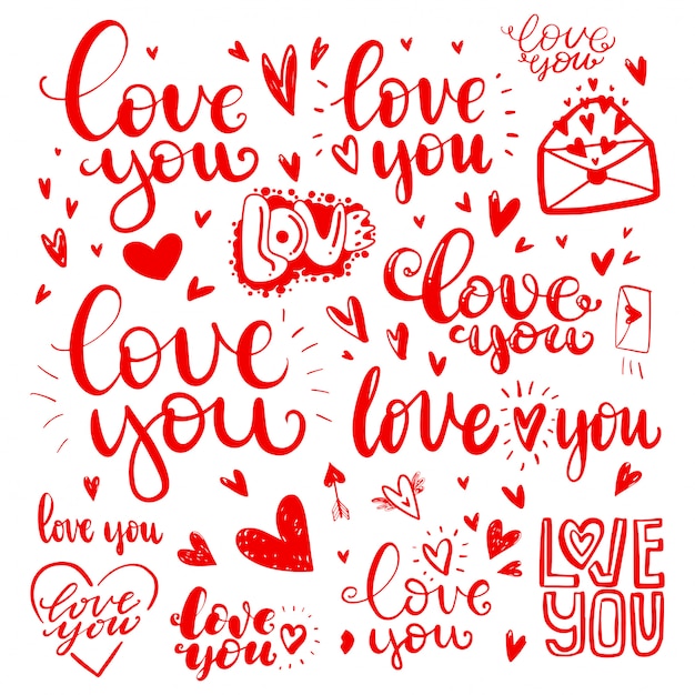 Insieme di citazioni di amore disegnato a mano in amore