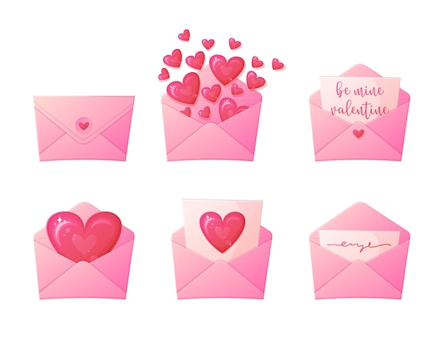 Vector set of love letters open and close envelope with hearts