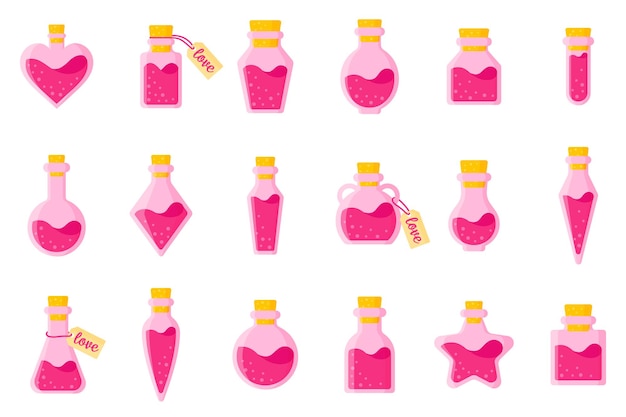 Set of love potion in bottles of different shapes with tag and heart.