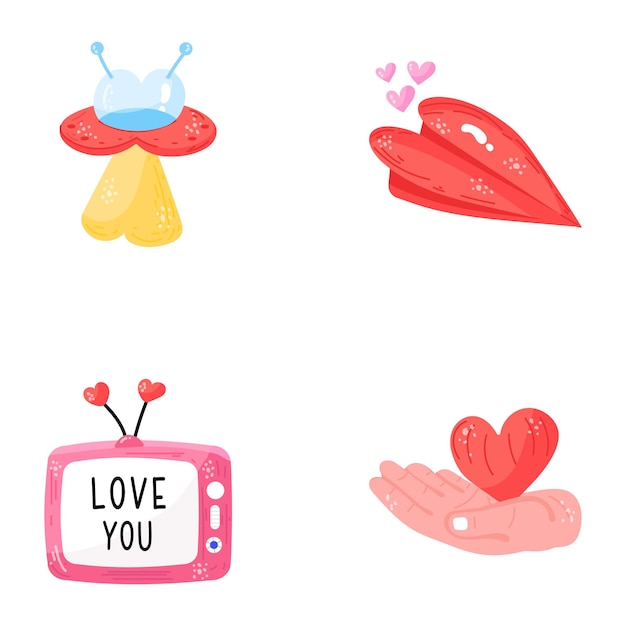 Set of love and romance hand drawn stickers