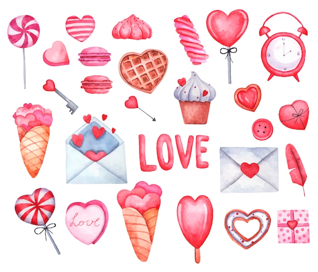 Impostare l'amore di san valentino, cuori, gelati, dolci, lettere, illustrazione dell'acquerello di cuori su priorità bassa bianca