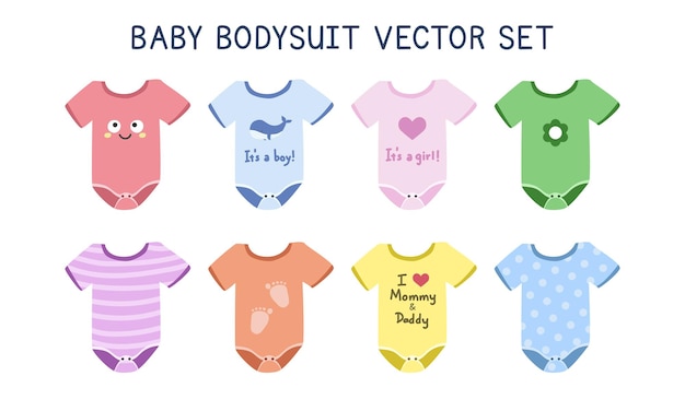 Vector set of lovely baby bodysuit clipart. simple cute baby bodysuit with kawaii designs vector cartoon