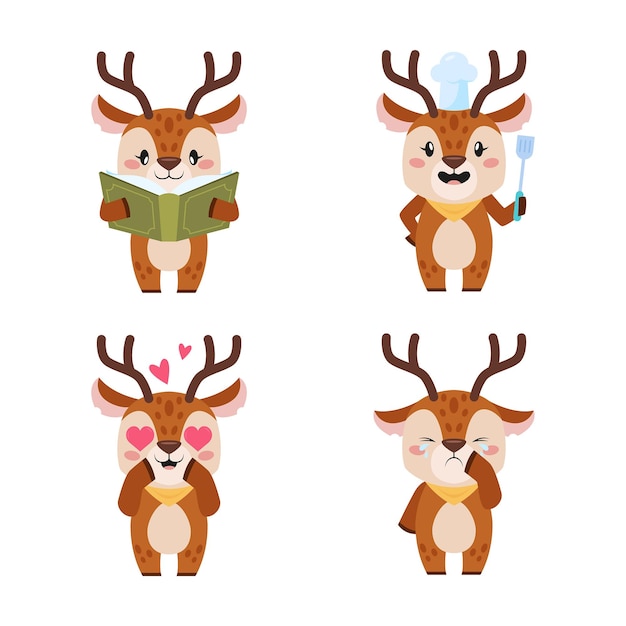 Vector set of lovely cartoon deer character falling in love, crying, reading book and cooking