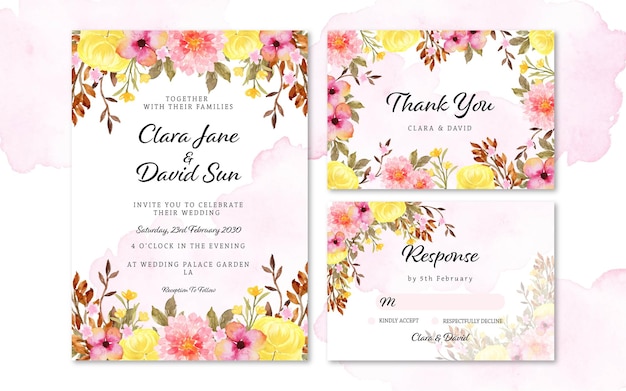 Set of lovely colorful rustic flower wedding invitation with abstract stain