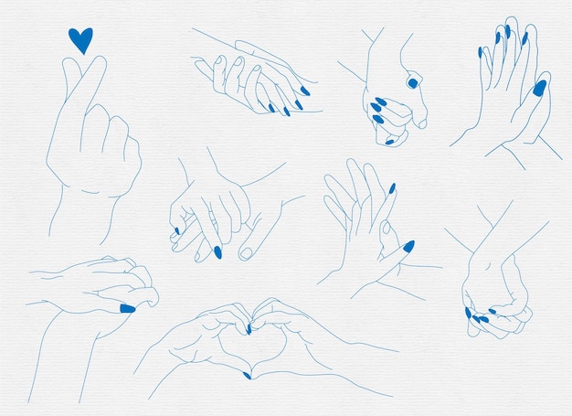 手を繋いでいる恋人カップルのセット、手のしぐさベクトル線画