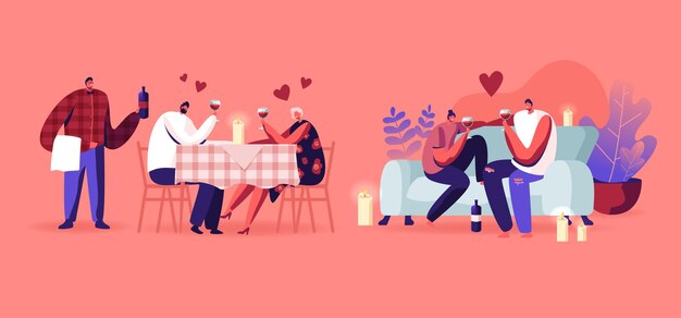 Vector set of loving couple having romantic date at home and restaurant. cartoon flat illustration