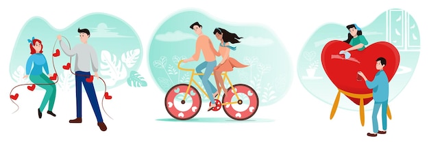 Vector set of loving couples in cartoon style preparing for valentine's day