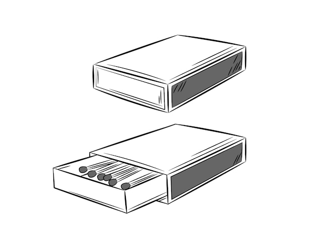 Set luciferdoosjes voor lucifers. Zwarte lijn in schetsstijl. Geïsoleerde vectorillustratie.