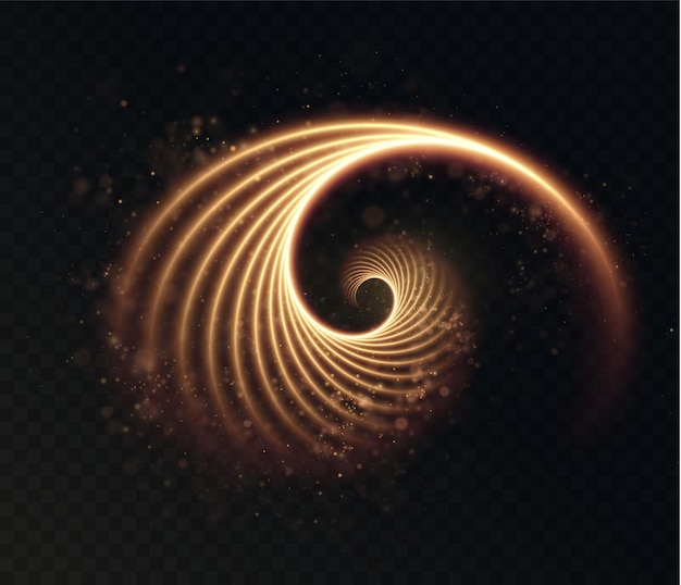 Set of luminous golden spirals on a transparent background