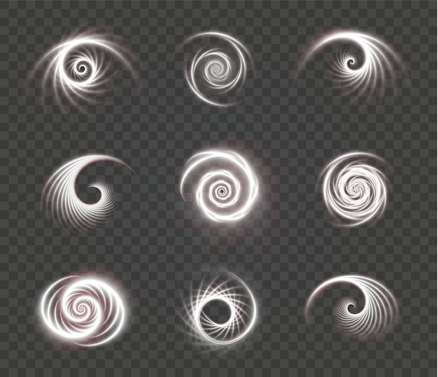 Set of luminous white spirals on a transparent surface