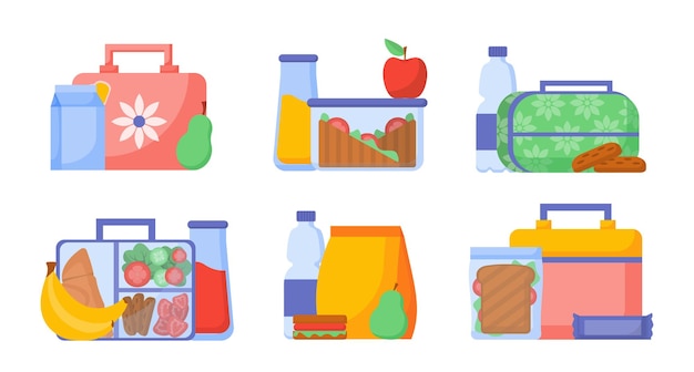 Vector set of lunch boxes concept breakfast in package to school university or office healthy food and