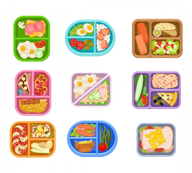 Set of lunch boxes/plastic trays with delicious meal. Colorful flat   icons