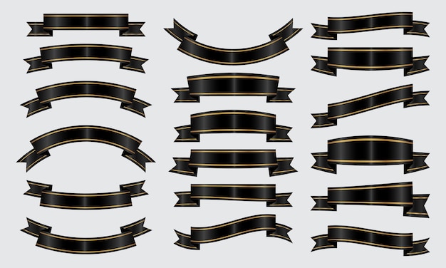 Set of luxury banner ribbons various shapes black gold