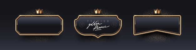 Vector set of luxury black badges with gold metal frames and crown 3d golden banners design elements