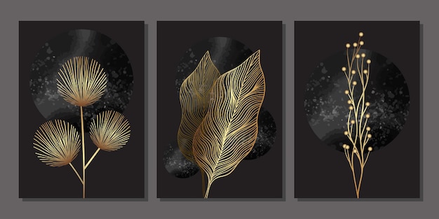 Set of luxury gold wall art. Black watercolor moon and golden leaves, japanese style branches