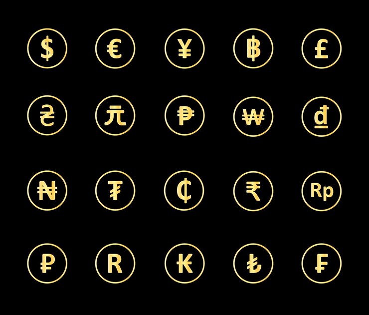 Vector set of luxury golden international exchange currency symbol icon flat style editable vector graphic