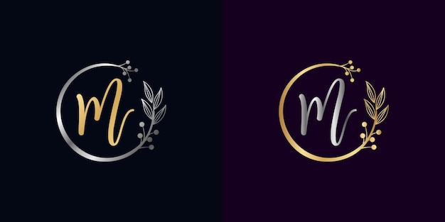 Vector set of luxury golden and silver signature letter m isolated circle with leaves ahead. vector monogram for personal signature, cosmetic, restaurant, boutique, hotel , nature logo concept vector