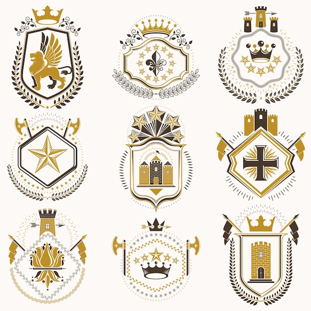 Vector set of luxury heraldic vector templates. collection of vector symbolic blazons made using graphic elements, royal crowns, medieval castles, armory and religious crosses.