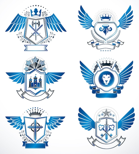 Set of luxury heraldic vector templates. Collection of vector symbolic blazons made using graphic elements, royal crowns, medieval castles, armory and religious crosses.