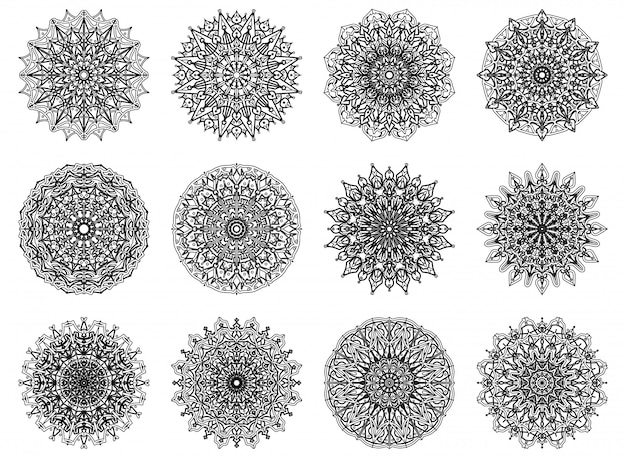 Набор роскошной мандалы. Менди цветок украшения в этническом восточном, индийском стиле. каракули орнамент. контур руки нарисовать иллюстрацию