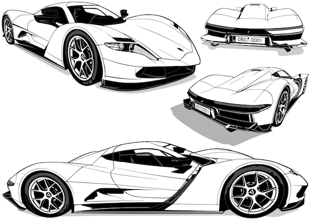 Set of luxury sports car drawings from four views