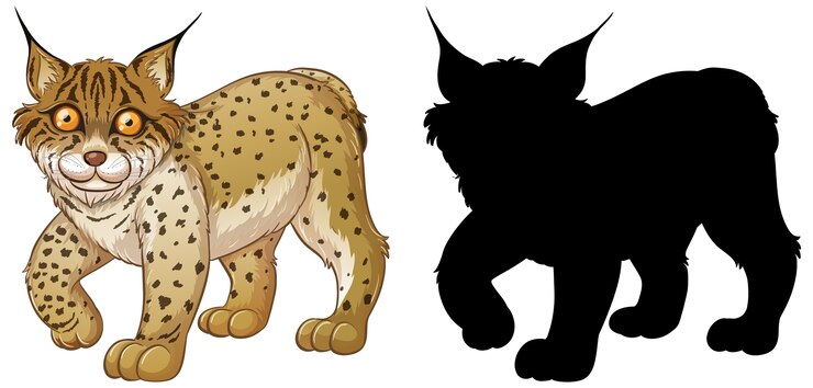 Vector set of lynx characters and its silhouette on white 