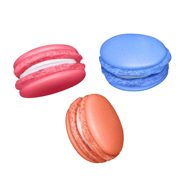 Набор Macarons. Реалистичные вкусные французские миндальное печенье. Изолированные на белом фоне, Иллюстрация