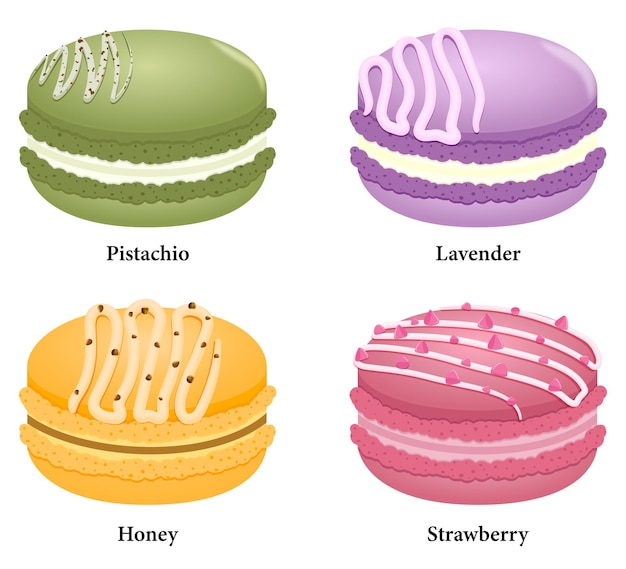 Vector set of macarons with pistachio lavender honey and strawberry flavors