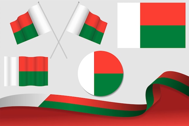 Набор флагов Мадагаскара в различных дизайнах Икона с флагами с лентой на заднем плане