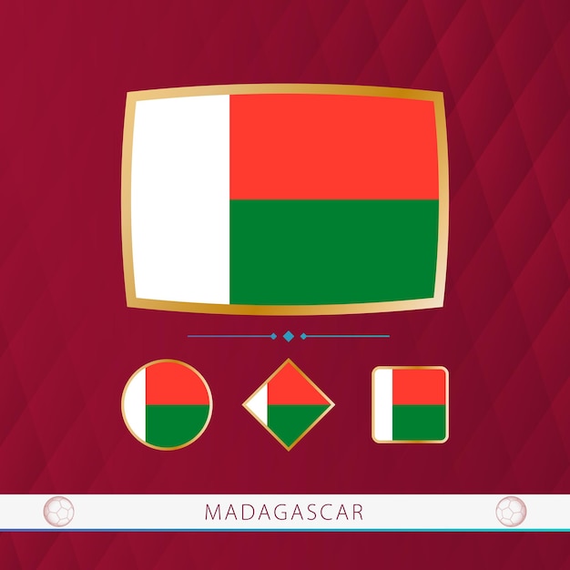 Set of Madagascar flags with gold frame for use at sporting events on a burgundy abstract background