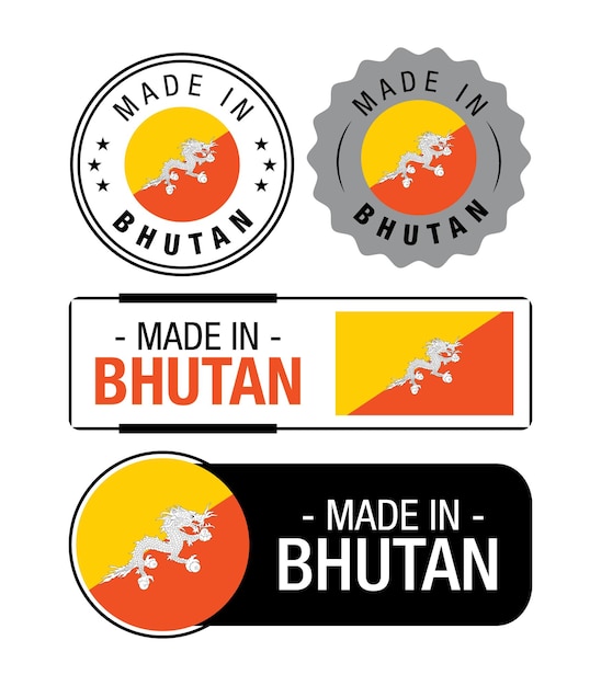 Set di etichette made in bhutan, logo, bandiera bhutan, emblema del prodotto bhutan