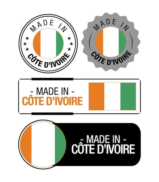 Set of Made in Cote d Ivoire labels, logo, Cote d Ivoire Flag, Cote d Ivoire Product Emblem