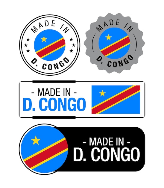 Vettore set di etichette made in repubblica democratica del congo, logo, bandiera della repubblica democratica del congo