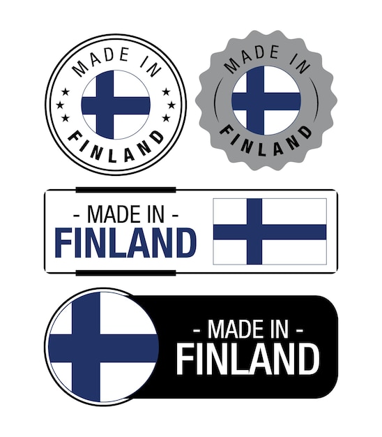 Vettore set di etichette made in finland, logo, bandiera della finlandia, emblema del prodotto finlandia. illustrazione vettoriale