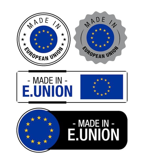 Set Made in European Union-labels, logo, vlag van de Europese Unie, productembleem van de Europese Unie