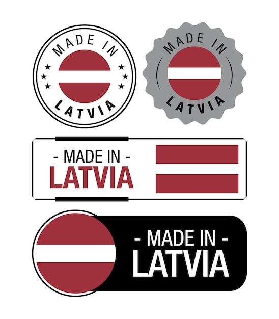 Set Made in Letland-labels, logo, Letse vlag, Letland-productembleem. Vector illustratie