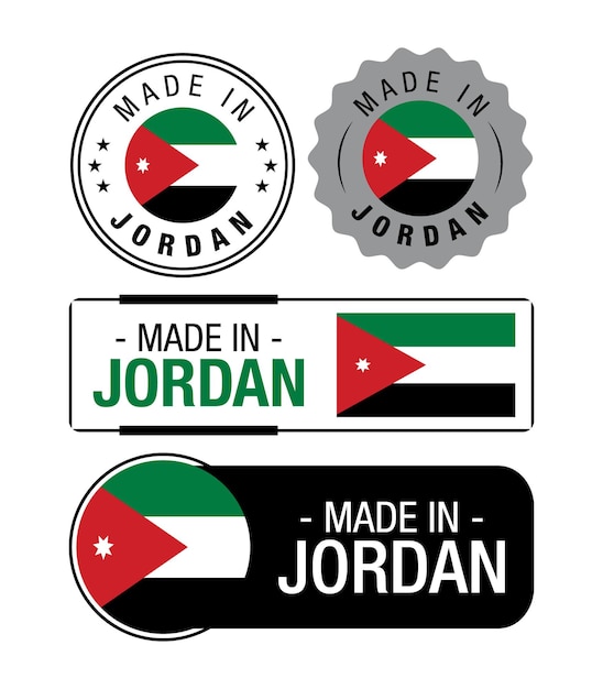 Made in Jordan ラベル、ロゴ、Jordan フラグ、Jordan 製品エンブレムのセット。ベクトル図