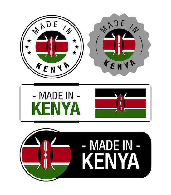 Vettore set di etichette made in kenya, logo, bandiera del kenya, emblema del prodotto del kenya. illustrazione vettoriale