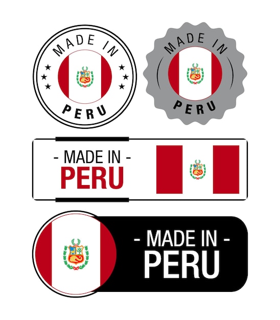 Set di etichette made in peru, logo, bandiera del perù, emblema del prodotto del perù