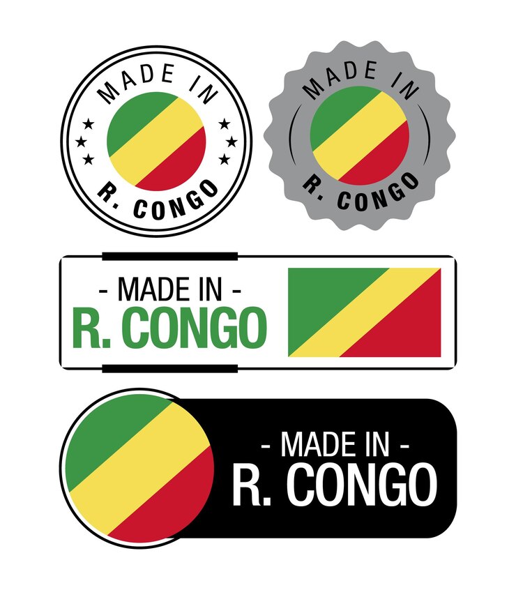 Set of Made in Republic of the Congo labels, logo, Republic of the Congo Flag