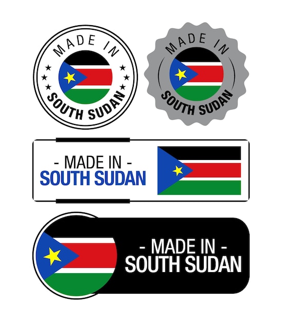 Set of made in south sudan labels, logo, south sudan flag, south sudan product emblem