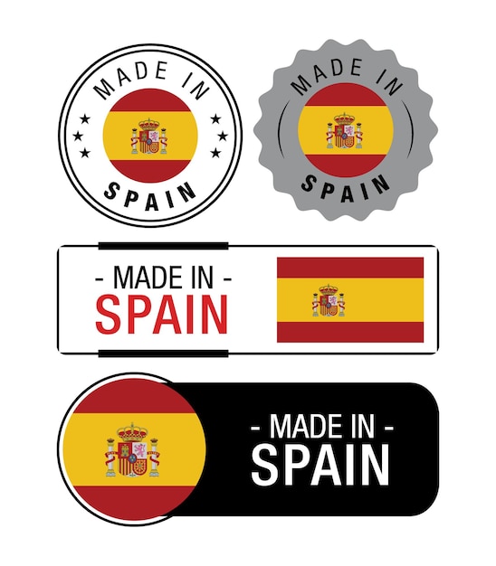 Vettore set di etichette made in spain, logo, bandiera della spagna, emblema del prodotto spagnolo. illustrazione vettoriale