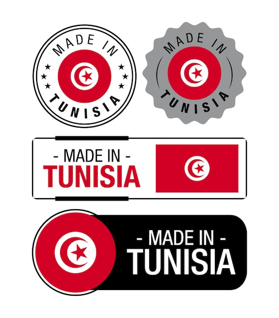 メイドイン チュニジアのラベル、ロゴ、チュニジアの国旗、チュニジア製品エンブレムのセット