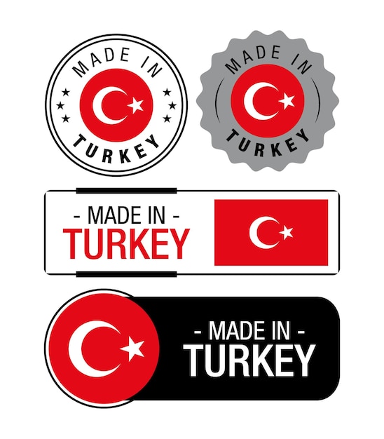 トルコ製ラベル、ロゴ、トルコ国旗、トルコ製品エンブレムのセット。ベクトル図