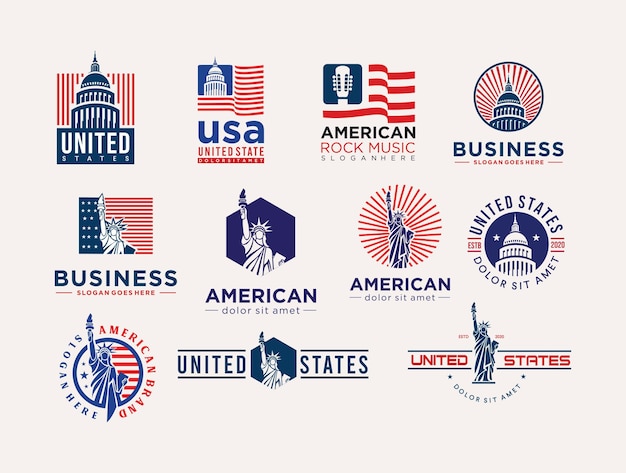 Set di etichette con logo made in usa per la bandiera americana del patriota