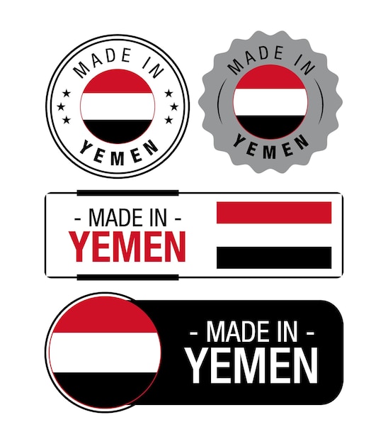 Set di etichette made in yemen, logo, bandiera yemen, emblema del prodotto yemen