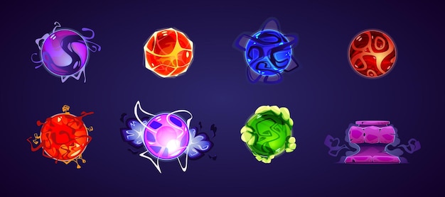 A set of magic balls with a stone stand Visual effects of magic Light futuristic effects colorful energy effects glossy surface plasma rays smoke Fantasy Scifi vector cartoon illustration